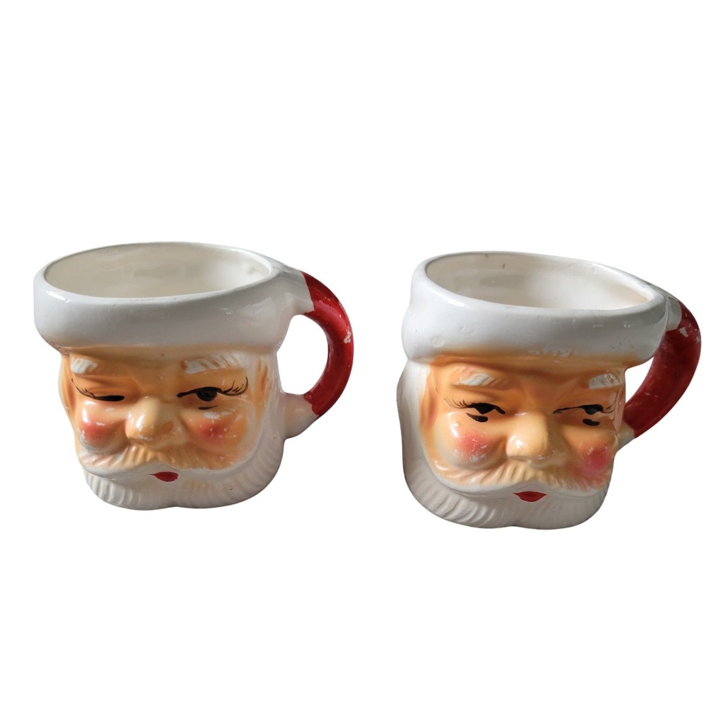 Vintage Christmas Ceramic Santa Mugs Winking & Open Eyes Japan Holiday Table